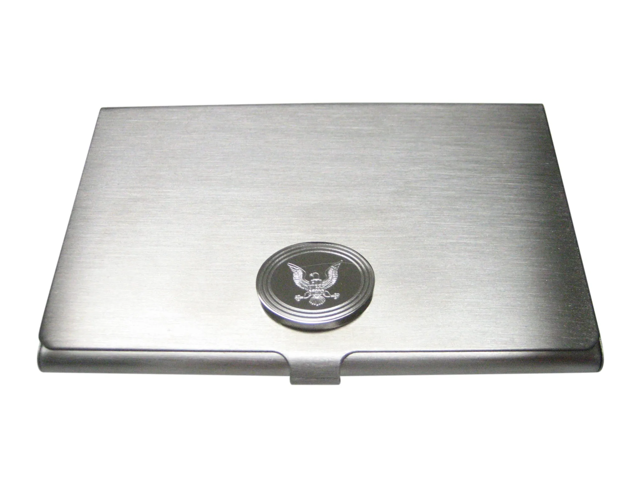 Silver Toned Etched Oval Mighty American Eagle Design Business Card Holder