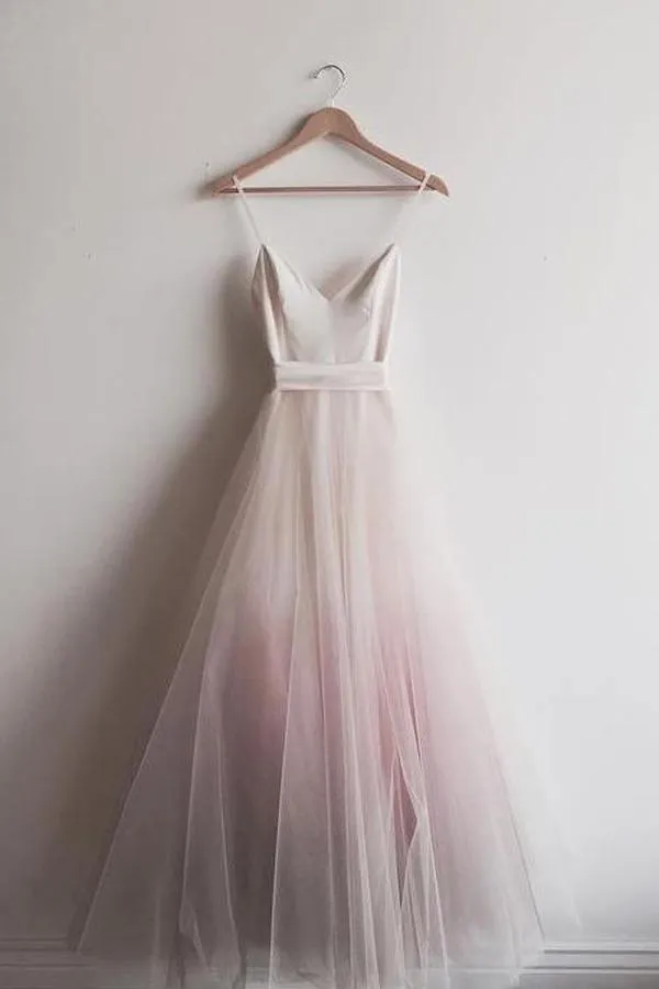 Simple Ombre A-line Spaghetti Straps Floor-length Long Prom Dresses TP0825