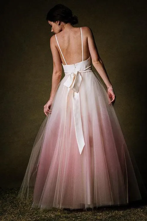 Simple Ombre A-line Spaghetti Straps Floor-length Long Prom Dresses TP0825