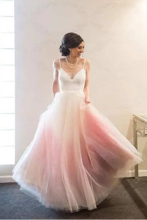 Simple Ombre A-line Spaghetti Straps Floor-length Long Prom Dresses TP0825