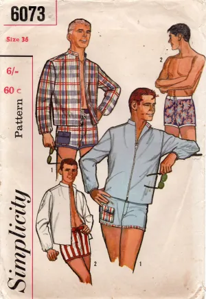 Simplicity 6073 Mens Classic Retro Bomber Jacket & Swim Shorts 1960s Vintage Sewing Pattern Chest 36"/ Waist 32" UNUSED Factory Folded