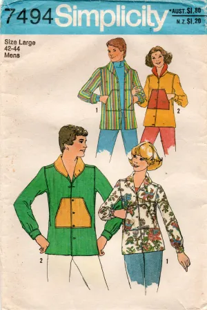 Simplicity 7494 Mens Retro Hippie Jackets 1970s Vintage Sewing Pattern LARGE Chest 42 - 44 inches UNCUT Factory Folded