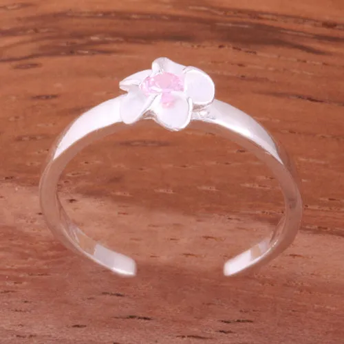 Single 4mm Plumeria with Pink CZ Toe Ring