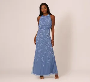 Sleeveless Blouson Mermaid Gown With Jasmine Beading In French Blue