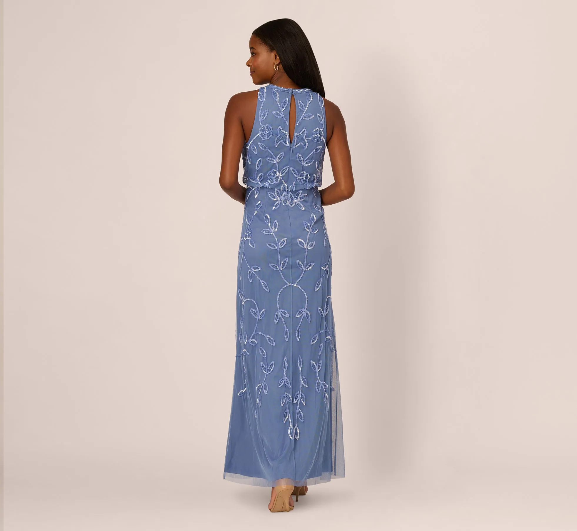 Sleeveless Blouson Mermaid Gown With Jasmine Beading In French Blue