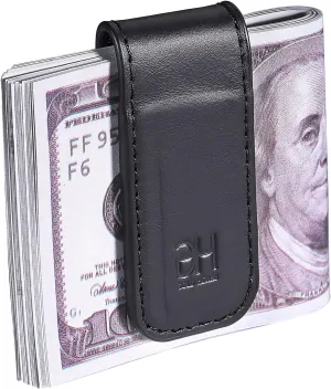 Slim Magnetic Money Clip Genuine Leather Card Holder for Men, Black