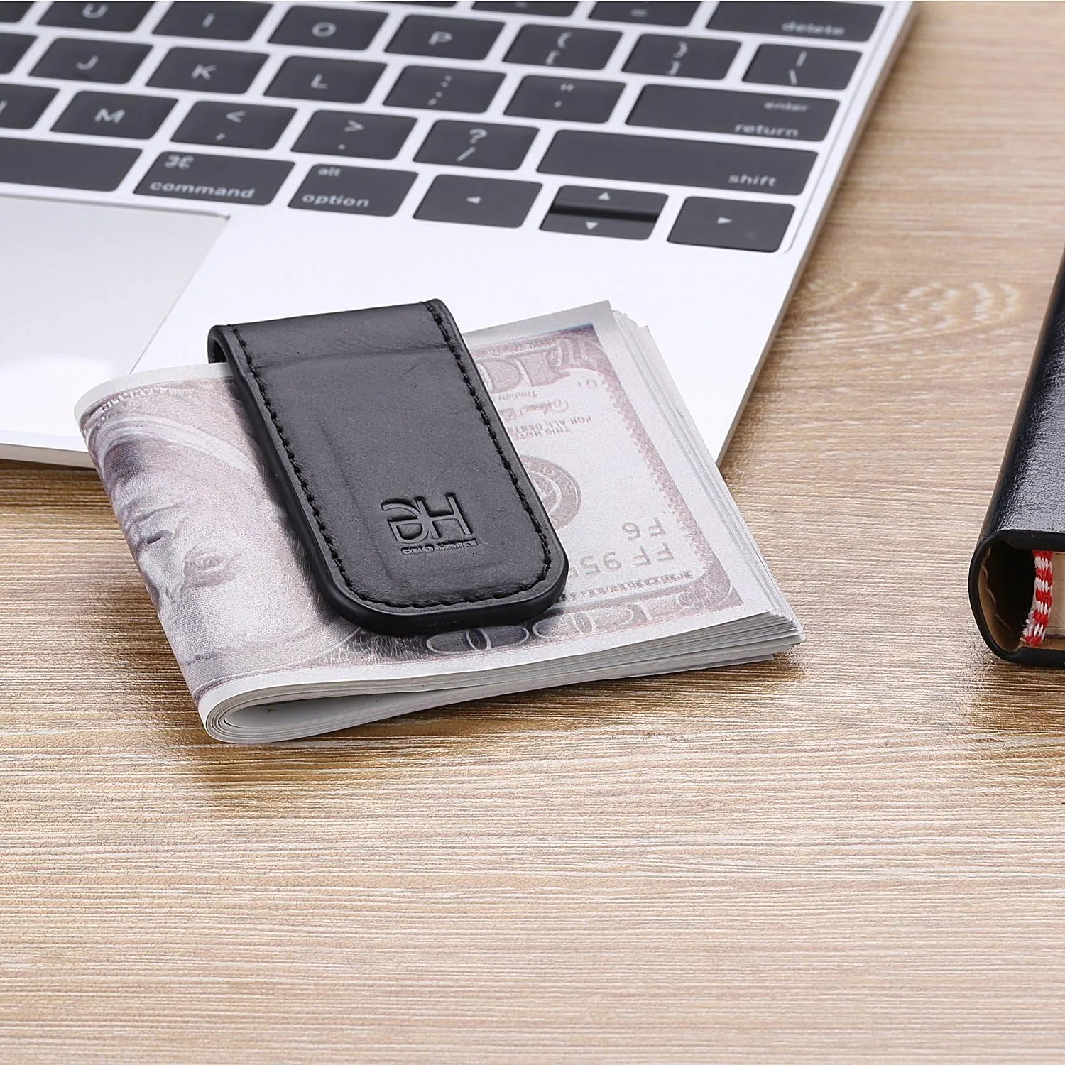 Slim Magnetic Money Clip Genuine Leather Card Holder for Men, Black