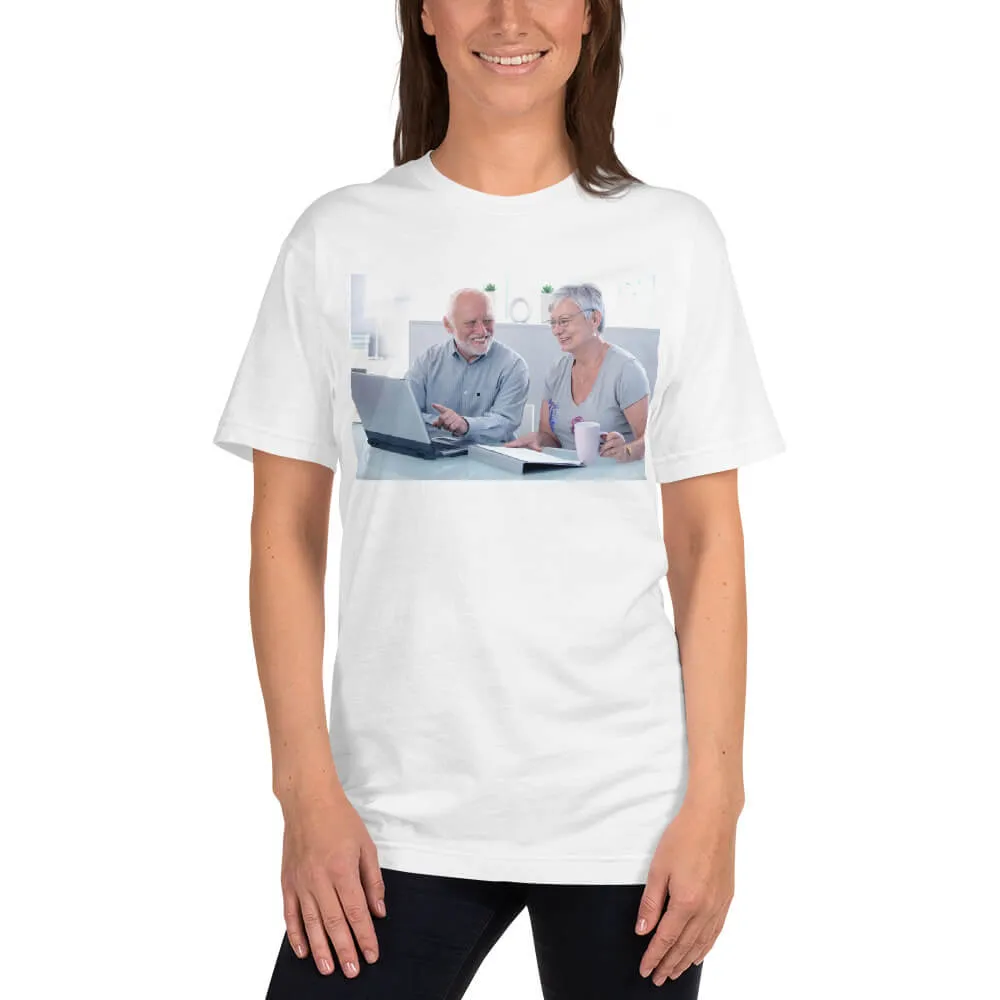 Smiling seniors using a laptop