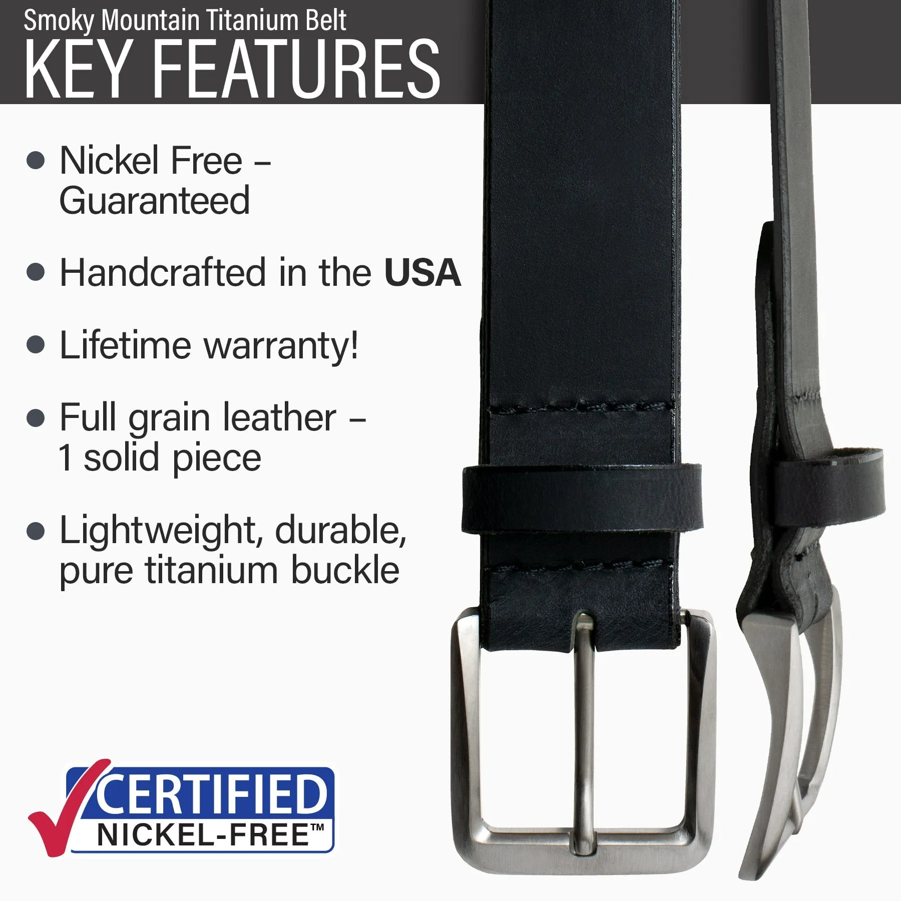 Smoky Mountain Titanium Black Leather Belt by Nickel Smart®