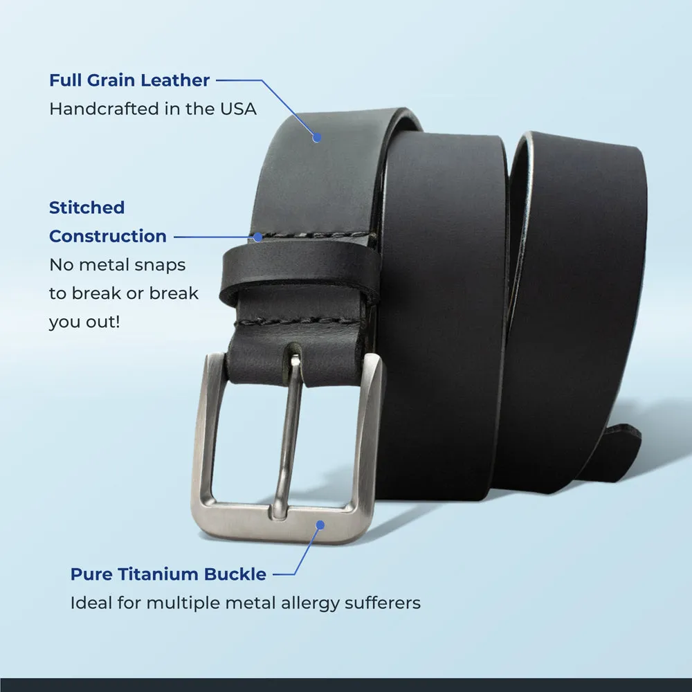 Smoky Mountain Titanium Black Leather Belt by Nickel Smart®