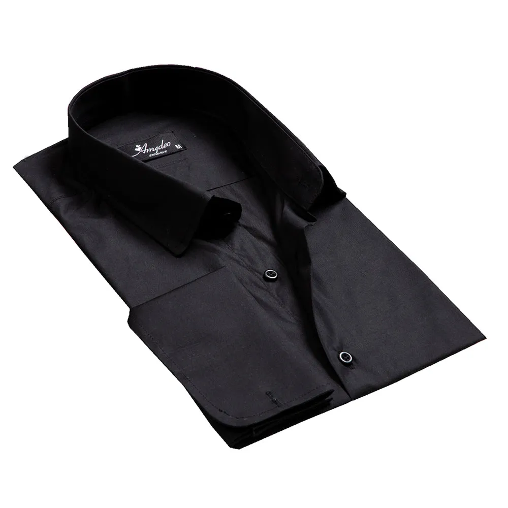 Solid Black Mens Slim Fit French Cuff Shirts with Cufflink Holes - Casual and Formal