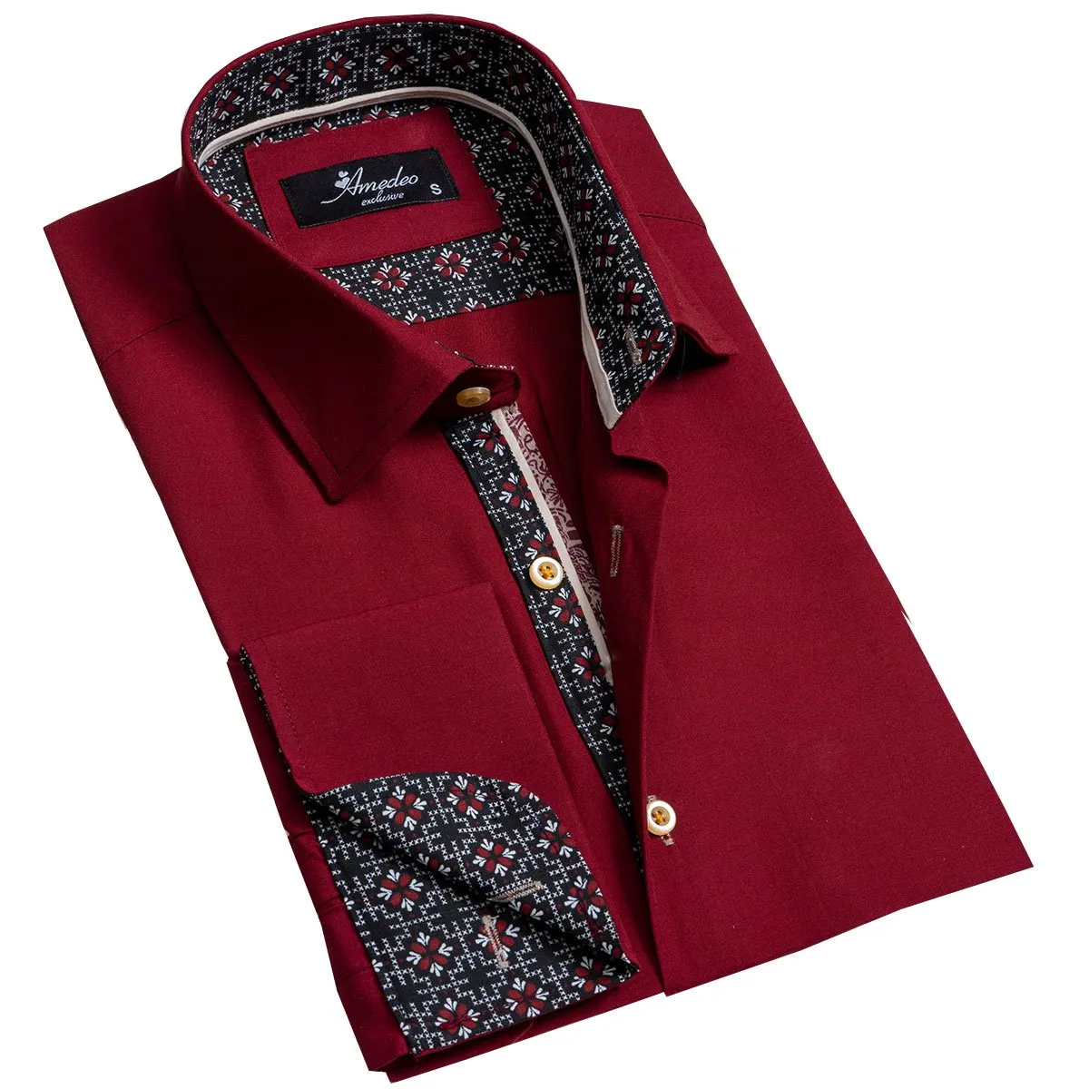 Solid Burgandy Mens Slim Fit French Cuff Shirts with Cufflink Holes - Casual and Formal