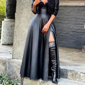 Solid High Waist PU Leather High Slit Skirt