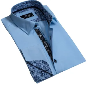Solid Light Blue Mens Slim Fit French Cuff Shirts with Cufflink Holes - Casual and Formal