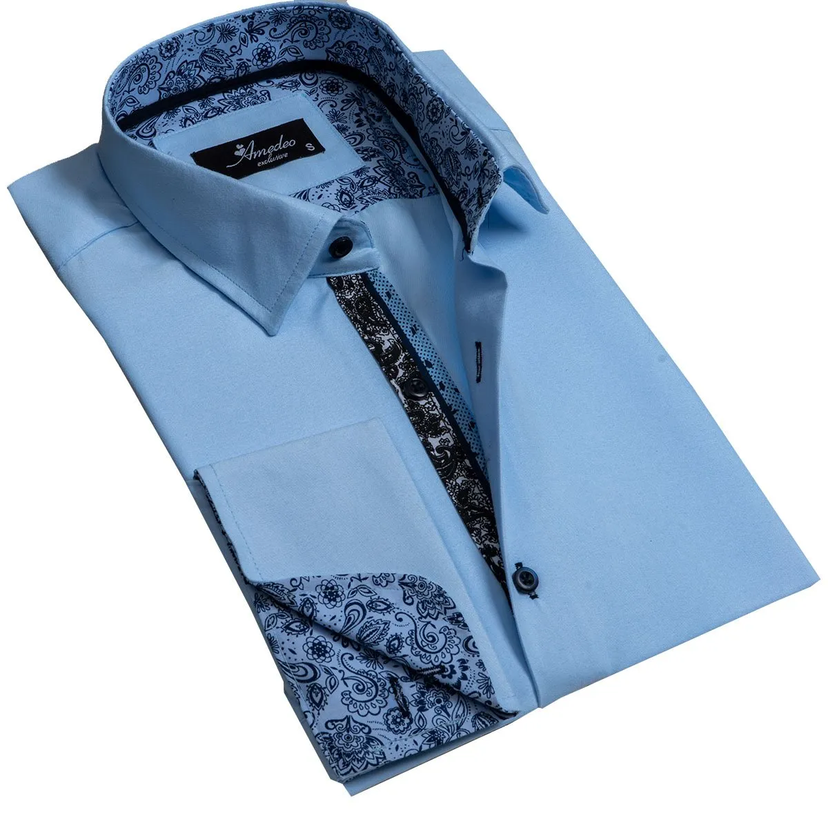Solid Light Blue Mens Slim Fit French Cuff Shirts with Cufflink Holes - Casual and Formal