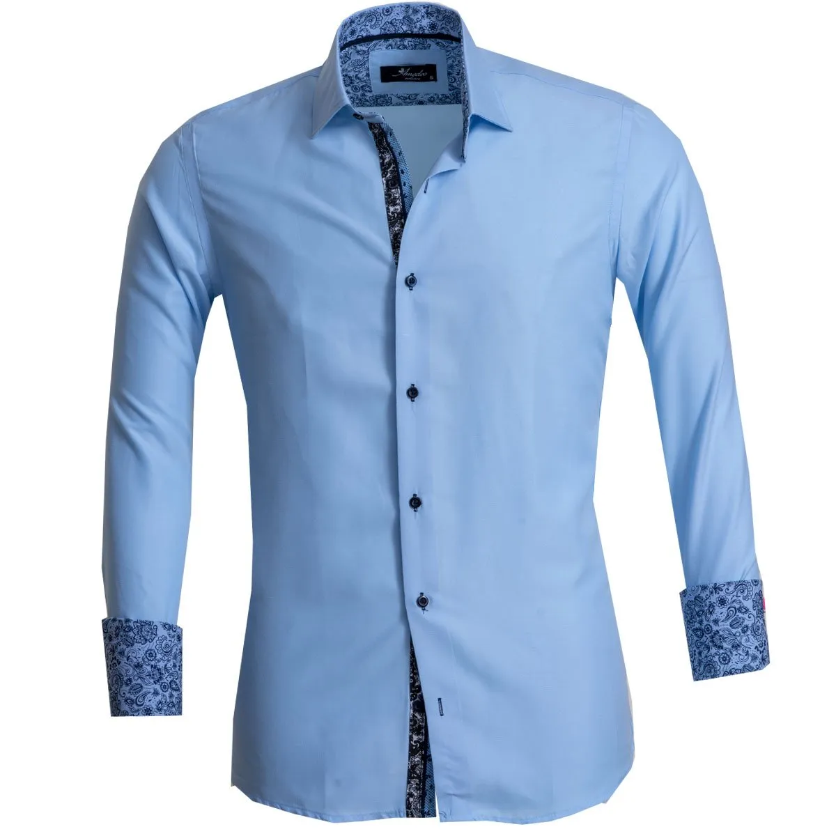 Solid Light Blue Mens Slim Fit French Cuff Shirts with Cufflink Holes - Casual and Formal