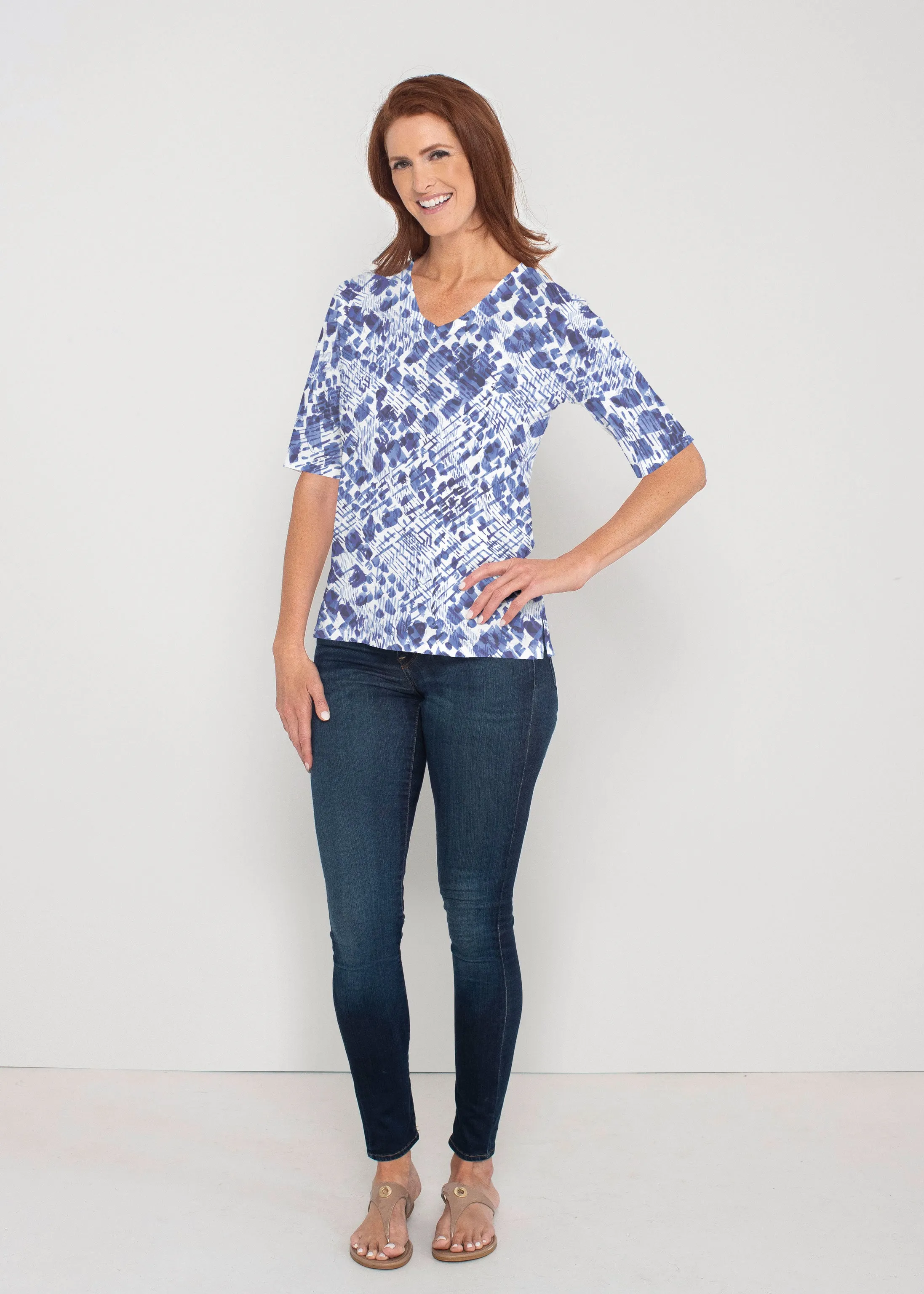 Sophia (8056) ~ Signature Elbow Sleeve V-Neck Top