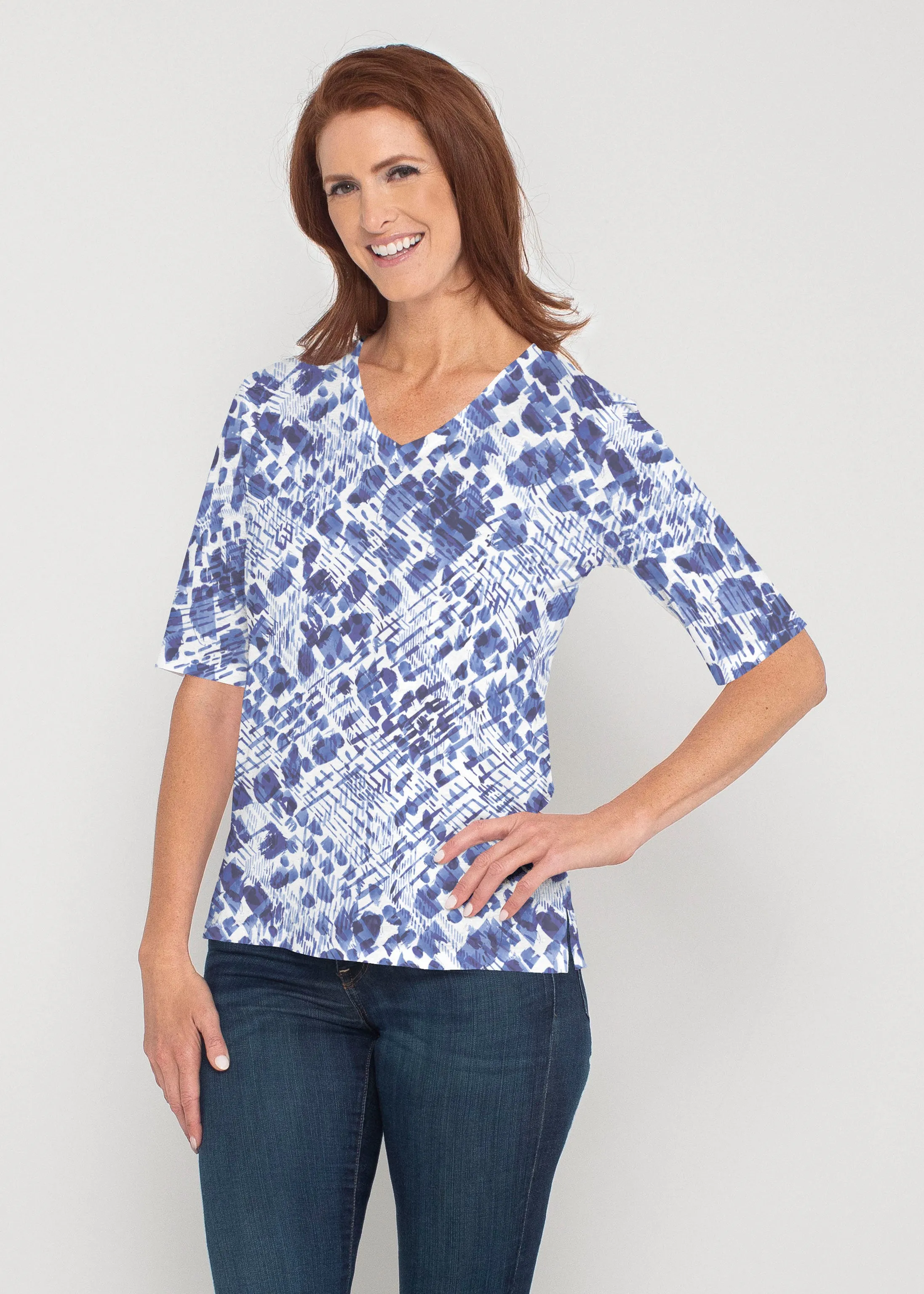 Sophia (8056) ~ Signature Elbow Sleeve V-Neck Top