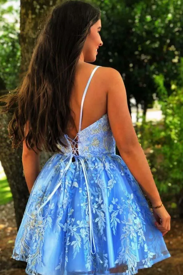 Spaghetti Straps Blue Criss-Cross Short Homecoming Dress With Appliques HD0123