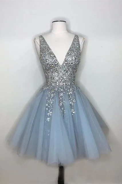 Sparkly A-line Deep V-neck Light Blue Short Homecoming Dresses HD0101