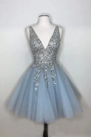 Sparkly A-line Deep V-neck Light Blue Short Homecoming Dresses HD0101