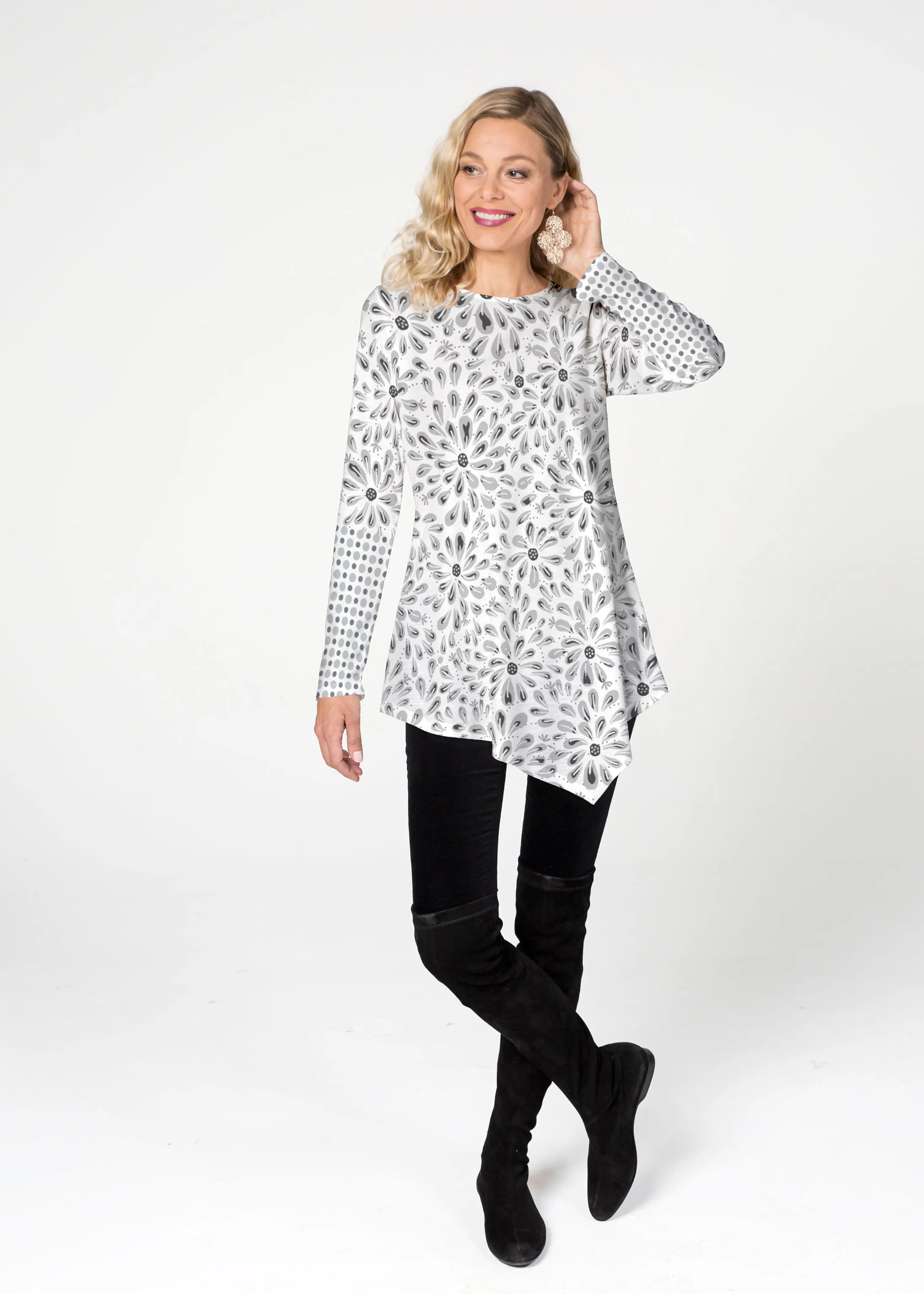 Splashy Dots Black (7921) ~ Asymmetrical French Terry Tunic