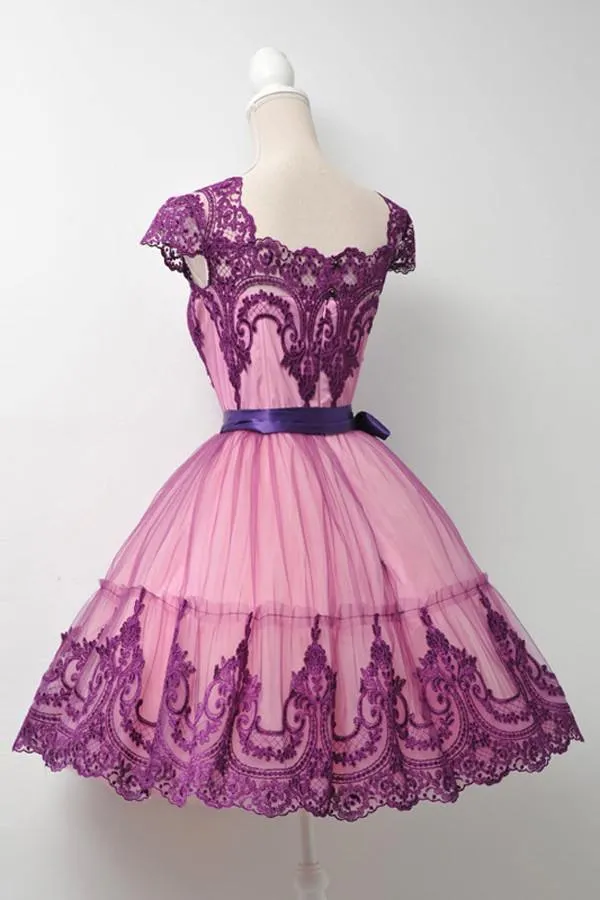 Square Cap Sleeves Knee-Length Purple Homecoming Dress With Sash TR0111