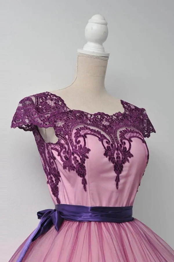 Square Cap Sleeves Knee-Length Purple Homecoming Dress With Sash TR0111