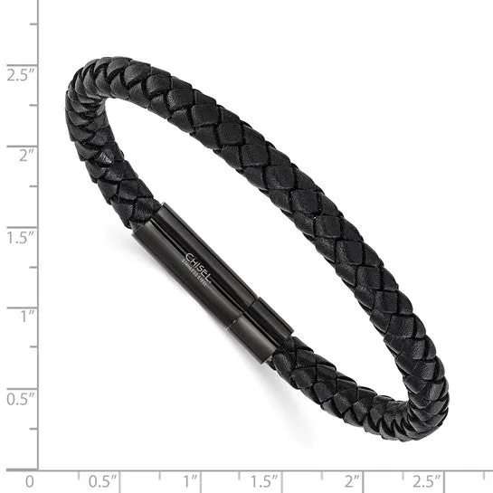Stainless Steel Black Braided Leather Men's Bracelet