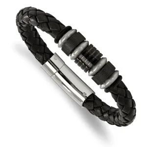 Stainless Steel Black Leather Bracelet