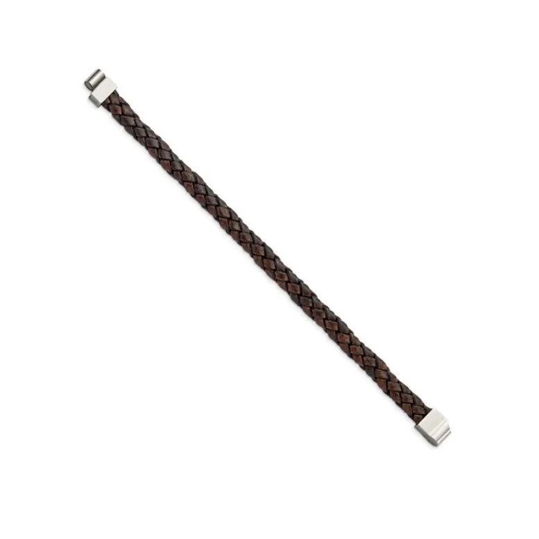 Stainless Steel Polished Brown Woven Leather Men's Bracelet