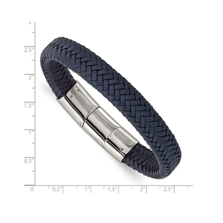 Stainless Steel Polished Navy Blue Braided Leather Men's Bracelet