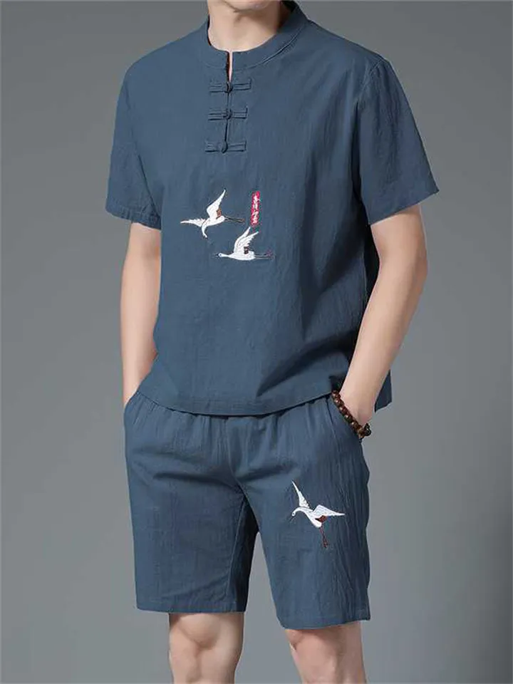 Stand Collar Shirt & Shorts Tang Suit Men's Summer Outfits