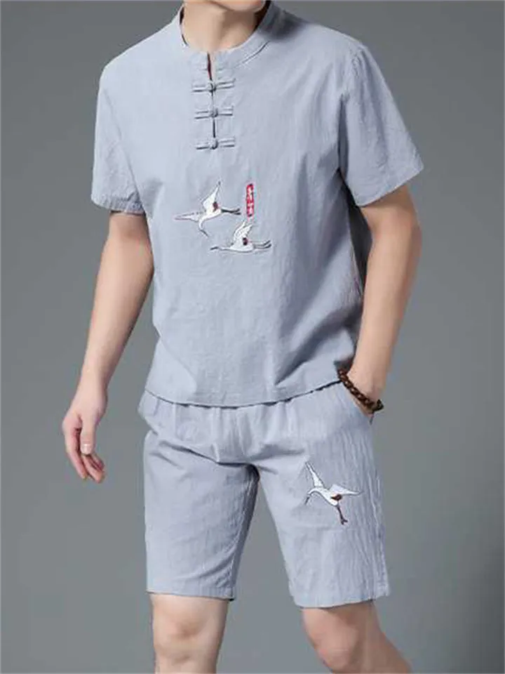 Stand Collar Shirt & Shorts Tang Suit Men's Summer Outfits