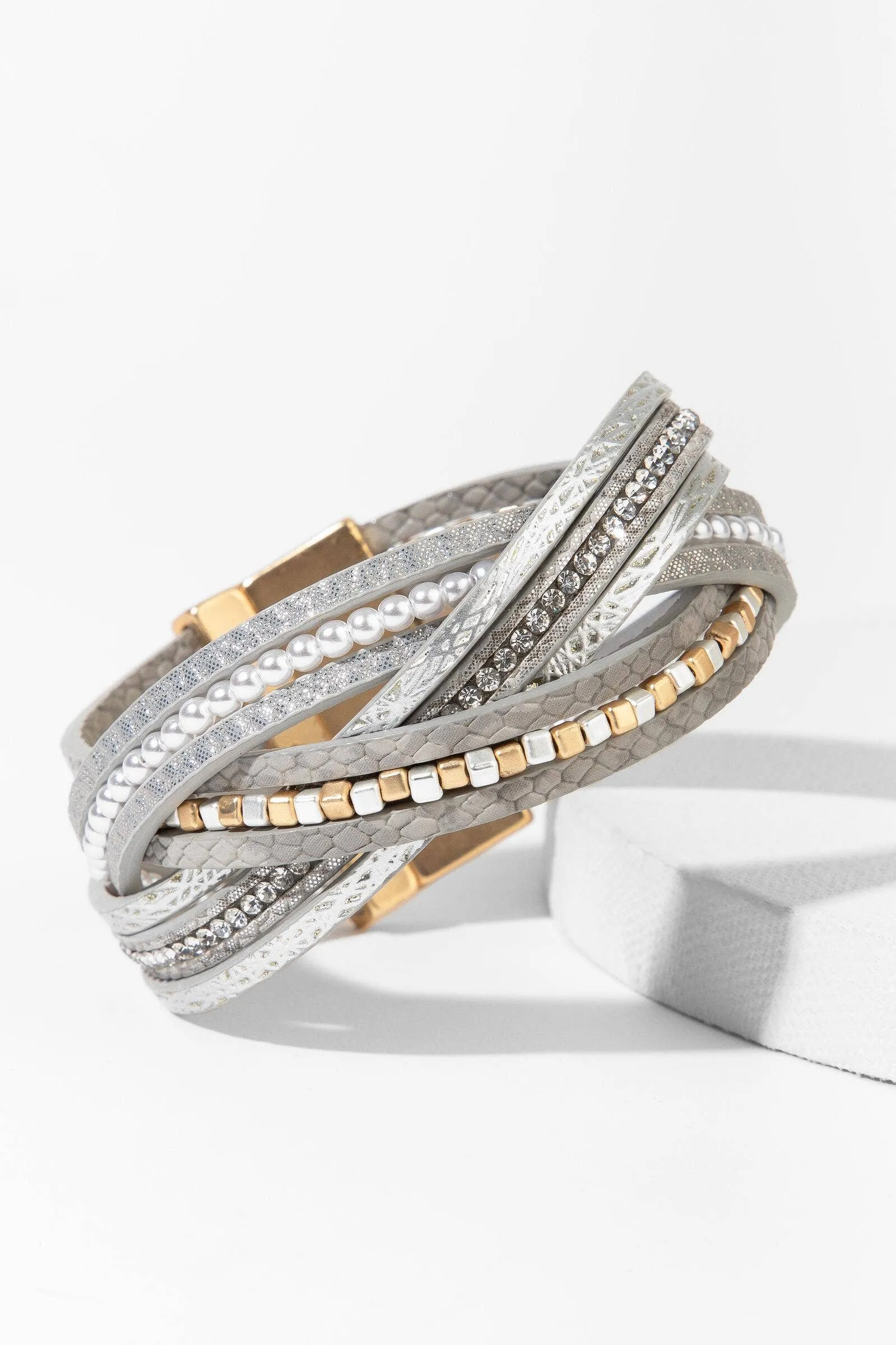 Stark Mixed Bead Leather Bracelet - Light Grey