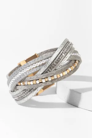 Stark Mixed Bead Leather Bracelet - Light Grey