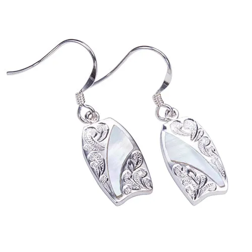 Sterling Silver Surfboard Hook Earring with Scrolling and Mother-of-Pearl Inlay