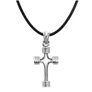 Sterling Silver Tubular Cross Black Leather Cord Necklace 18"
