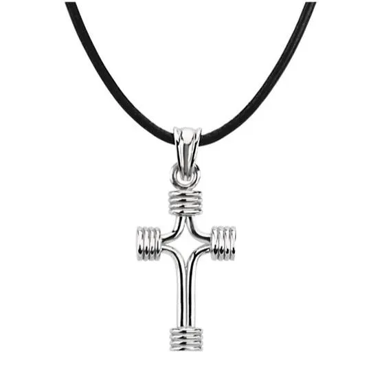 Sterling Silver Tubular Cross Black Leather Cord Necklace 18"