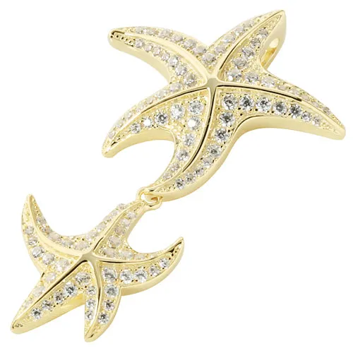 Sterling Silver Yellow Gold Plated Double Starfish Pave CZ Pendant (Chain Sold Separately)