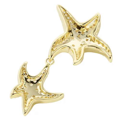 Sterling Silver Yellow Gold Plated Double Starfish Pave CZ Pendant (Chain Sold Separately)