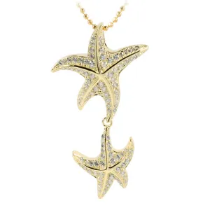 Sterling Silver Yellow Gold Plated Double Starfish Pave CZ Pendant (Chain Sold Separately)