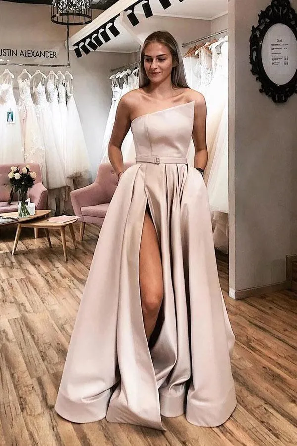 Straps Satin Light Blue Slit A Line Simple Prom Dresses With Pocktets PSK050