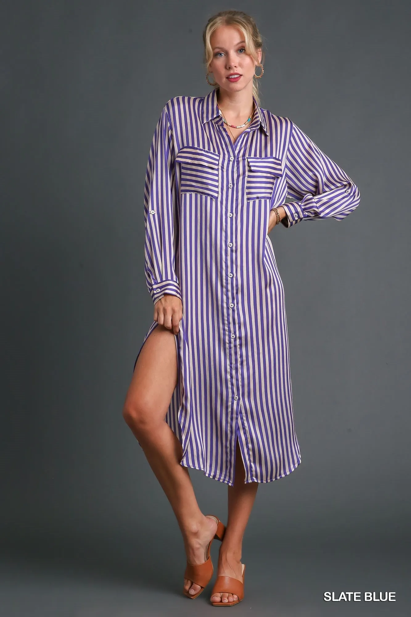 Striped Long Sleeve Button Down Midi Dress