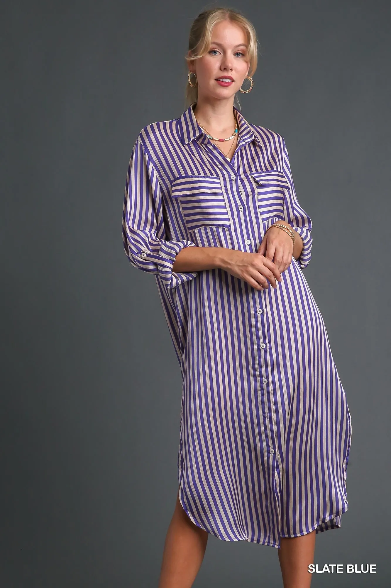 Striped Long Sleeve Button Down Midi Dress