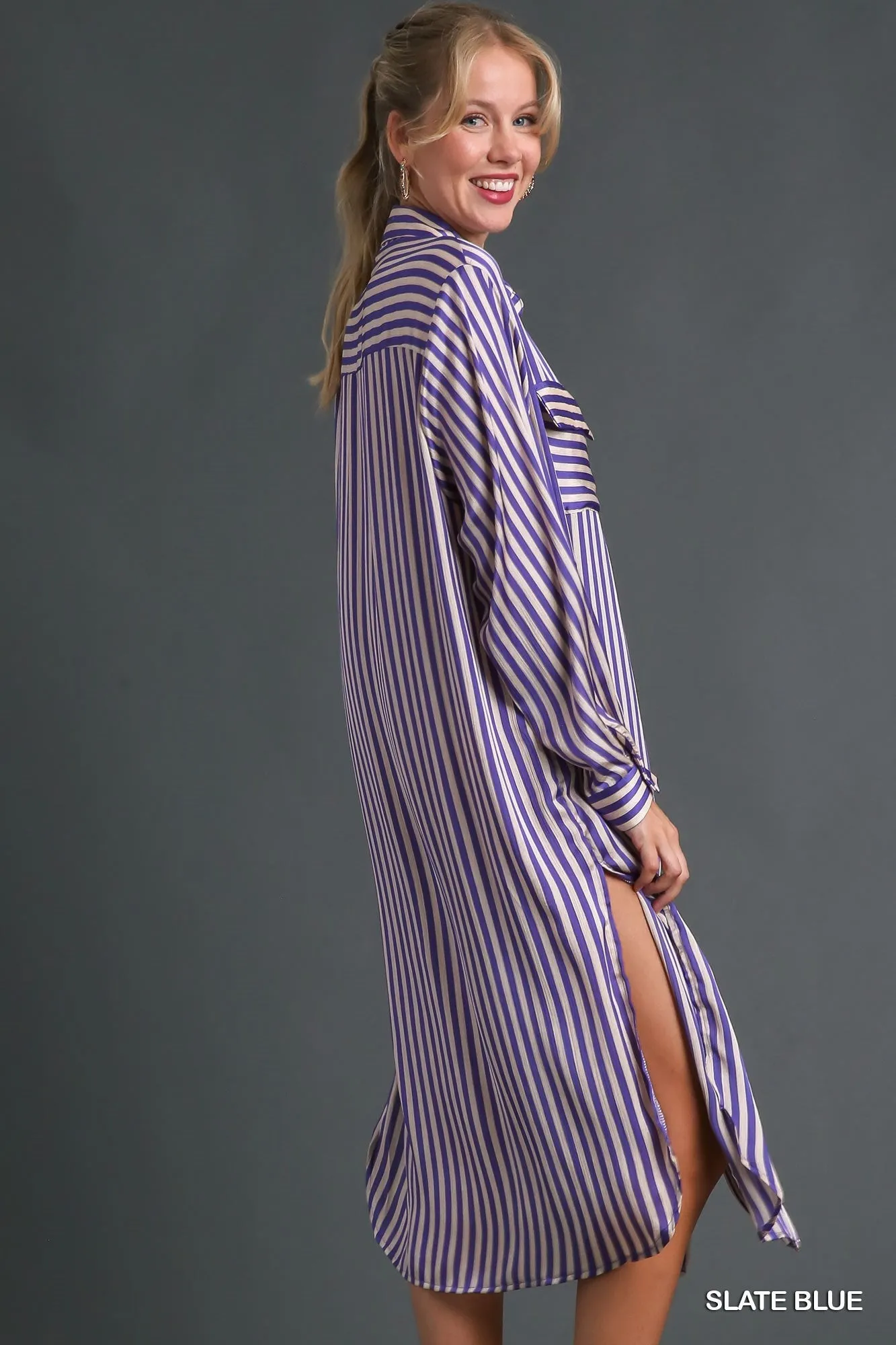 Striped Long Sleeve Button Down Midi Dress