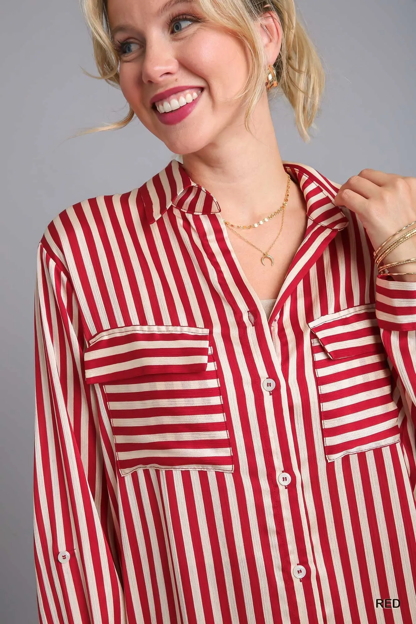 Striped Long Sleeve Button Down Midi Dress