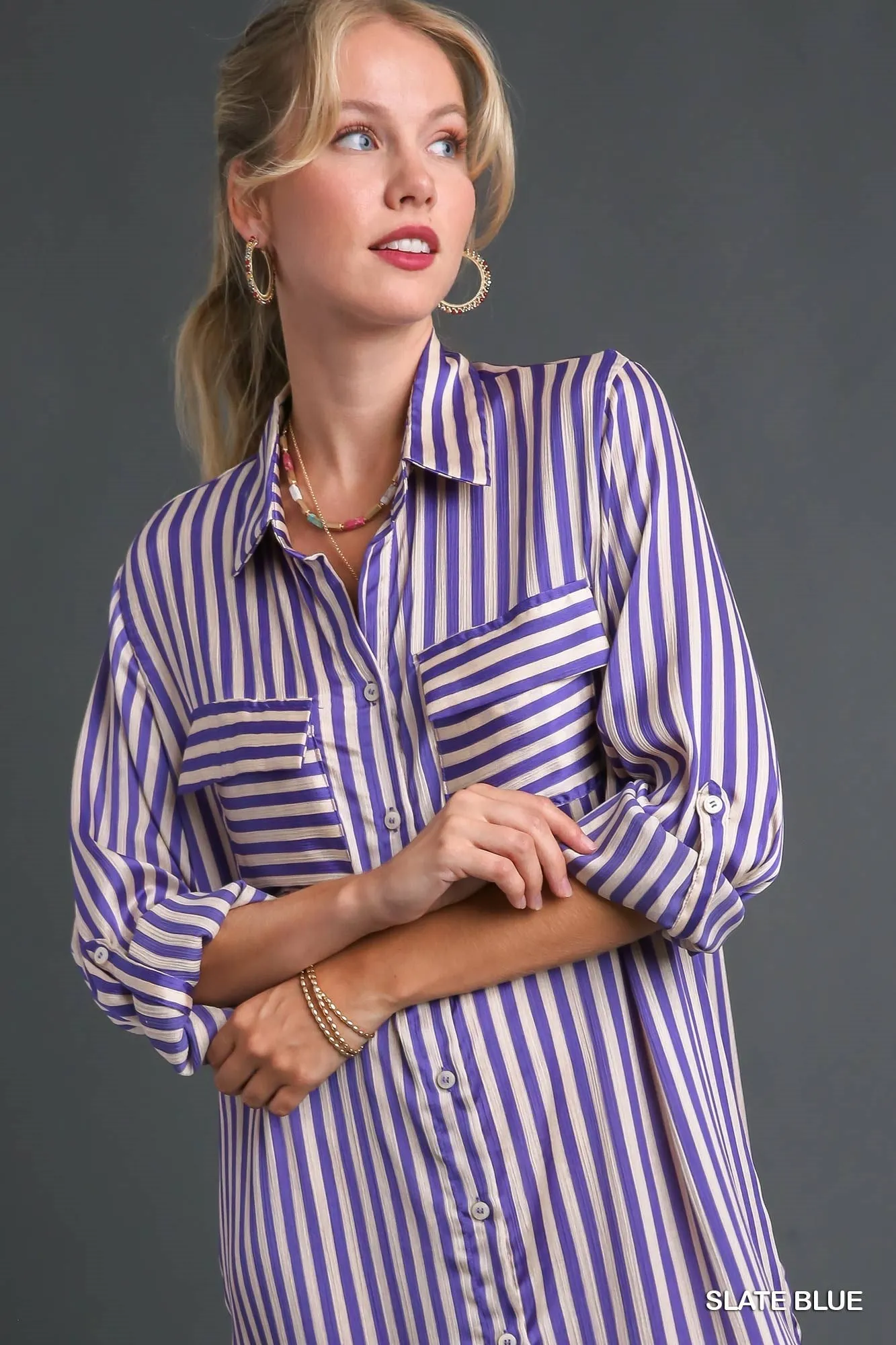 Striped Long Sleeve Button Down Midi Dress