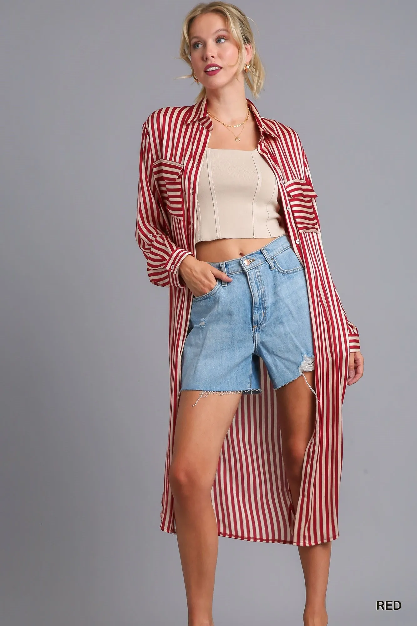 Striped Long Sleeve Button Down Midi Dress