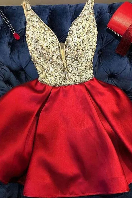 Stylish A Line Deep V Neck Red Short Homecoming Dresses with Beading OHM078